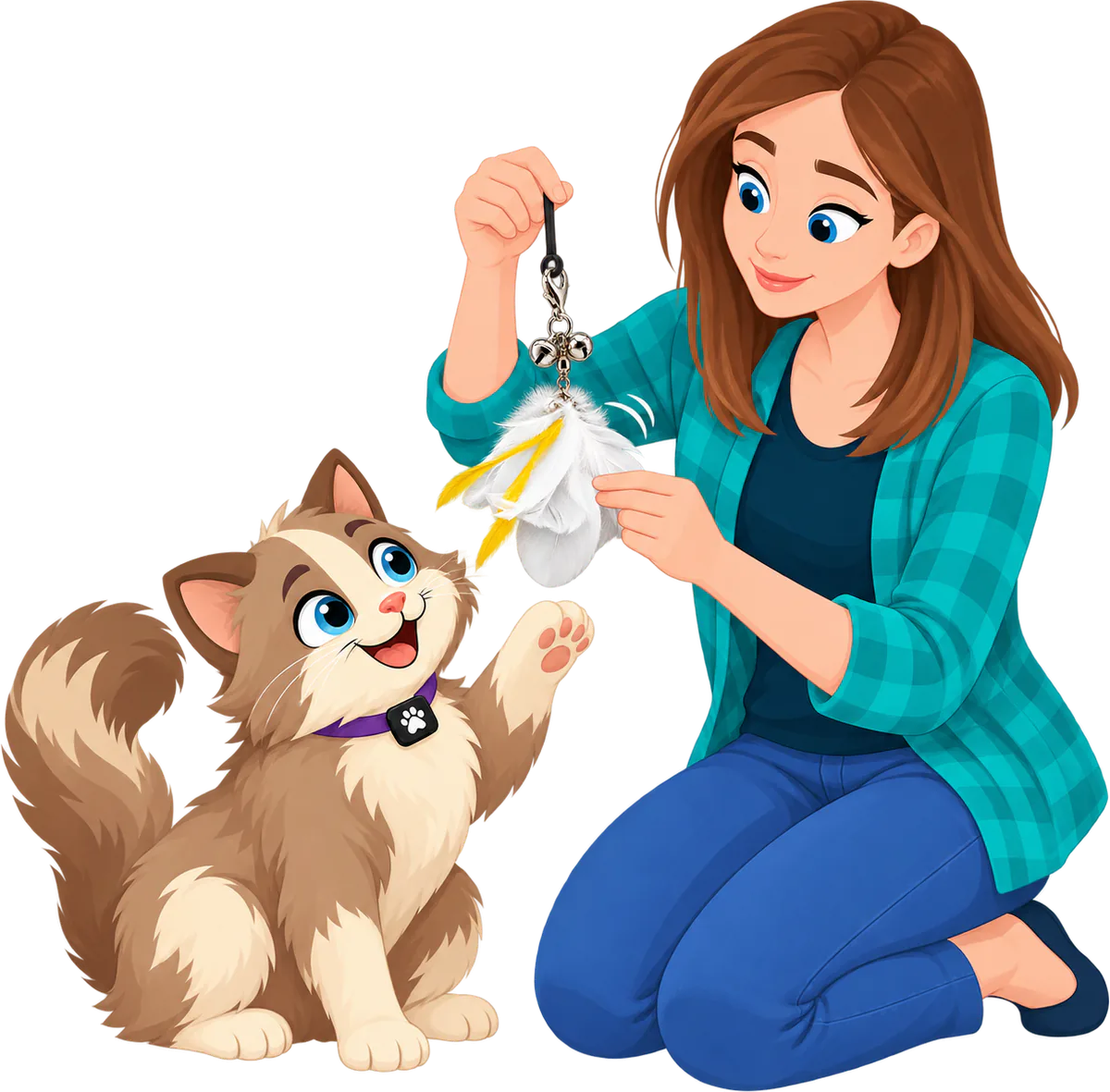 Illustrated woman in a teal checked shirt kneeling to hold up the Cockatoo Jingle Jangle attachment, the PURRZ™ feather clip with a lobster clasp and two bells, while a cat sits up and reaches a paw at the feathers