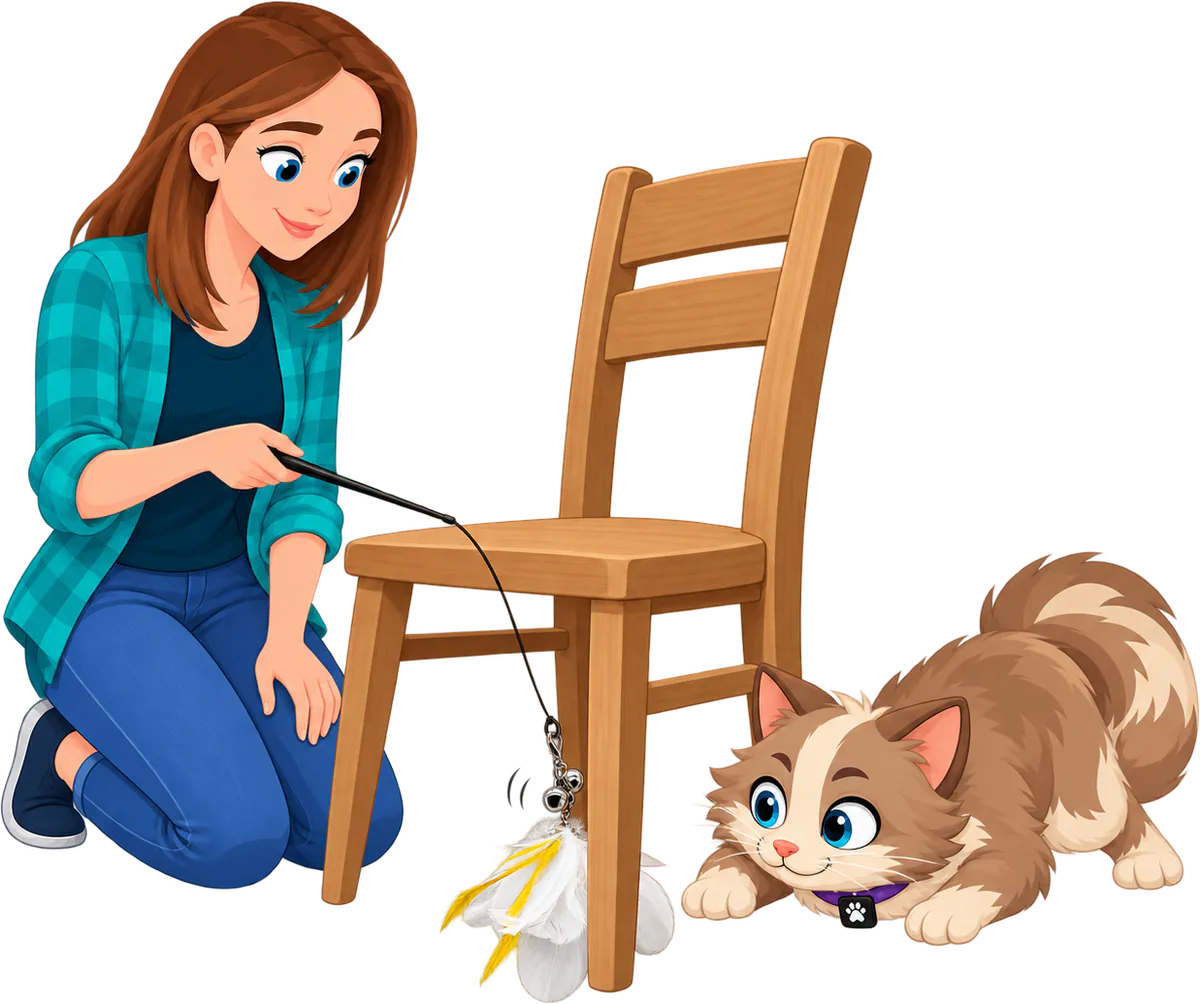 Illustrated woman in a teal checked shirt kneeling to dangle the Cockatoo Jingle Jangle attachment, the PURRZ™ feather clip with two bells, from a wand behind a wooden chair as a cat crouches ready to pounce on the other side