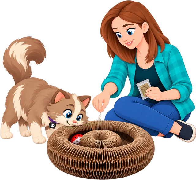Illustrated woman in a teal checked shirt and blue jeans sitting cross-legged and sprinkling catnip from a sachet onto the Expand & Flex Toy, the PURRZ™ corrugated cardboard scratcher closed into a ring with a bell ball in its middle, a cat sniffing the rim