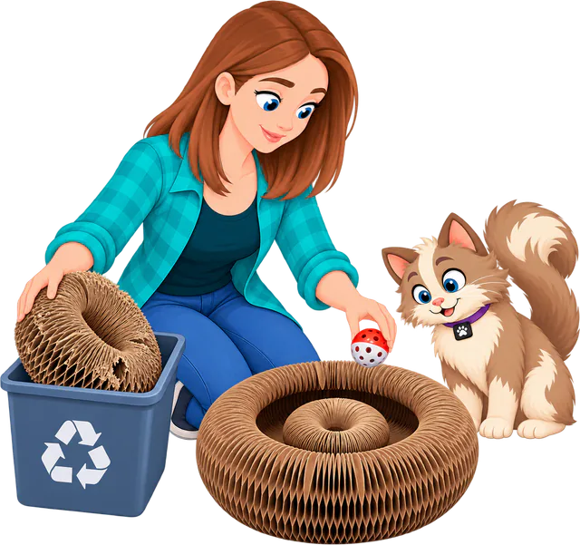 Illustrated woman in a teal checked shirt and blue jeans dropping a worn ring of the Expand & Flex Toy, the PURRZ™ corrugated cardboard scratcher, into a blue recycling bin while placing the red-and-white bell ball into a fresh ring, a cat watching beside it