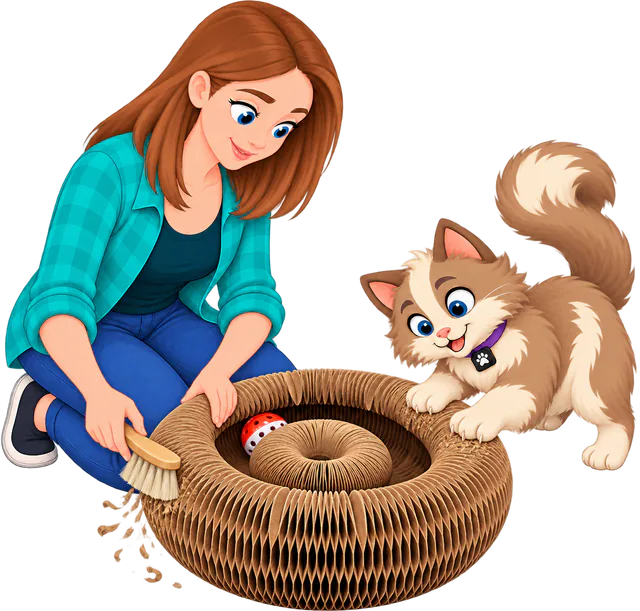Illustrated woman in a teal checked shirt and blue jeans kneeling to brush loose cardboard fibres off the rim of the Expand & Flex Toy, the PURRZ™ corrugated cardboard scratcher closed into a ring with a bell ball inside, a cat scratching the far side