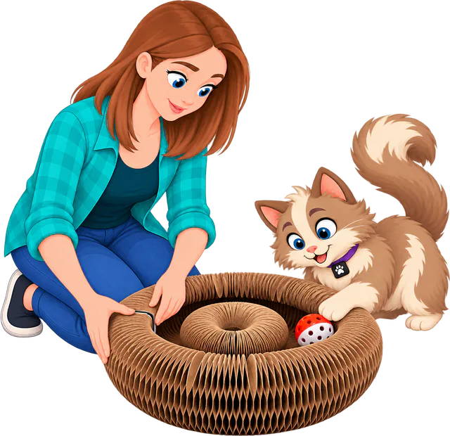 Illustrated woman in a teal checked shirt and blue jeans kneeling with both hands on the end caps of the Expand & Flex Toy, the PURRZ™ corrugated cardboard scratcher closed into a ring, a cat leaning in with a paw on the red-and-white bell ball in its middle