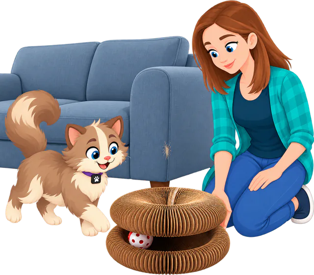Illustrated woman in a teal checked shirt and blue jeans kneeling to set the Expand & Flex Toy, the PURRZ™ corrugated cardboard scratcher stacked as a double ring with a bell ball inside, beside a scratched blue sofa arm as a cat walks over to it