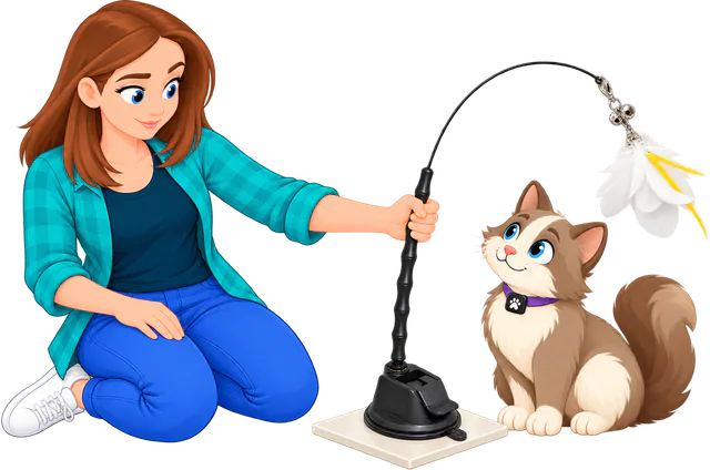 Illustrated woman in a teal checked shirt kneeling and pulling the wand of the Feather Toy Suction Cup Set, the PURRZ™ feather wand on a suction cup base, sideways by its handle while the base holds on a white tile and a cat sits looking up at the feathers