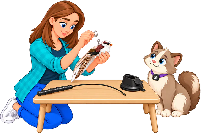 Illustrated woman in a teal checked shirt kneeling at a low wooden table, unclipping the clasp from a feather bird, the wand and base of the Feather Toy Suction Cup Set, the PURRZ™ feather wand on a suction cup base, lying apart on the table by a sitting cat