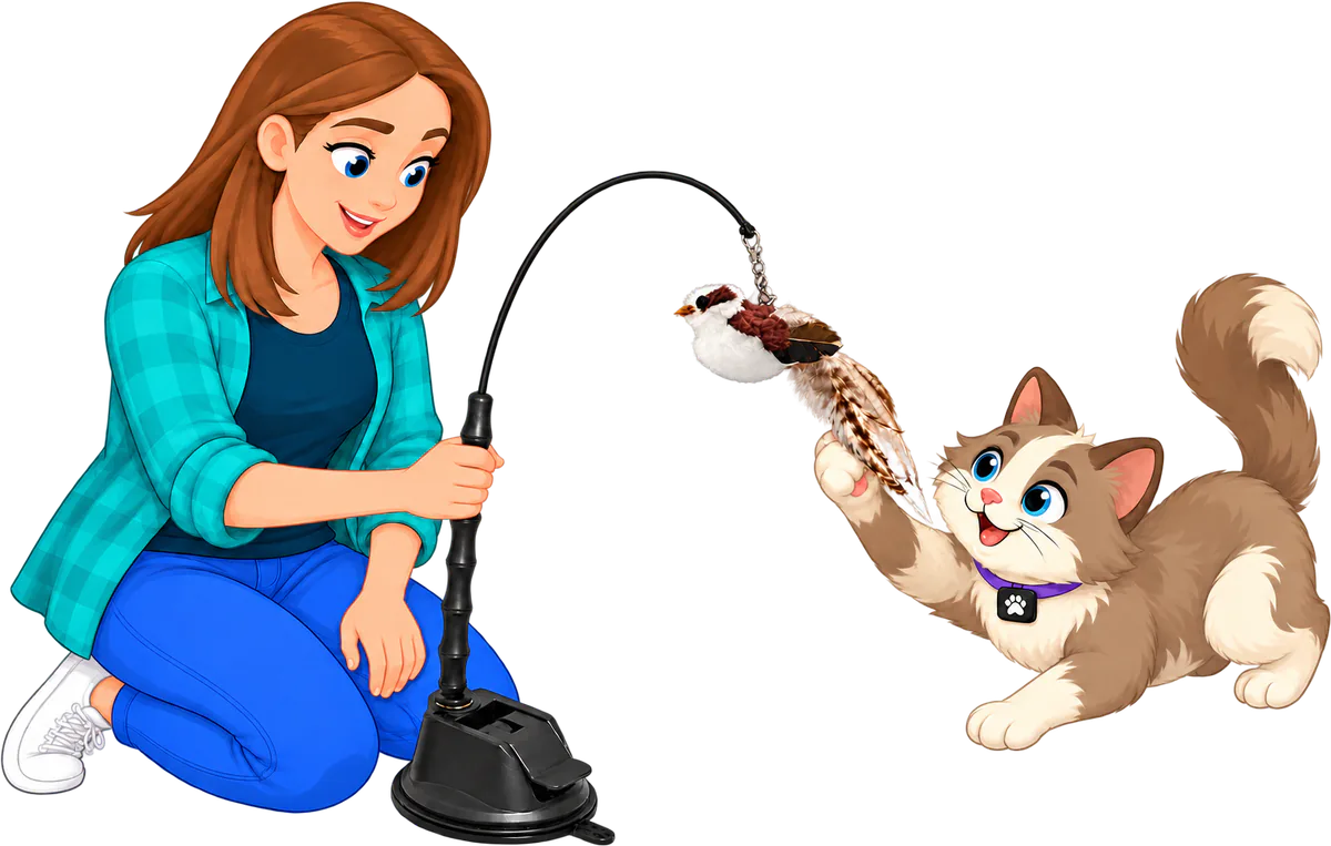 Illustrated woman in a teal checked shirt and blue jeans kneeling to hold the black base of the Feather Toy Suction Cup Set, the PURRZ™ feather wand on a suction cup base, as the wand bows and a cat leaps to swat the feather bird on its tip
