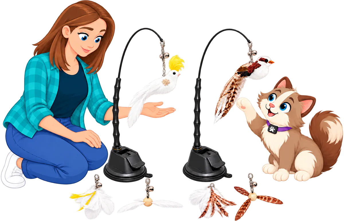 Illustrated woman in a teal checked shirt kneeling with an open hand beside two Feather Toy Suction Cup Sets, the PURRZ™ feather wands on suction cup bases, one with a white cockatoo bird, one with a barred bird a cat is swatting, four attachments on the floor