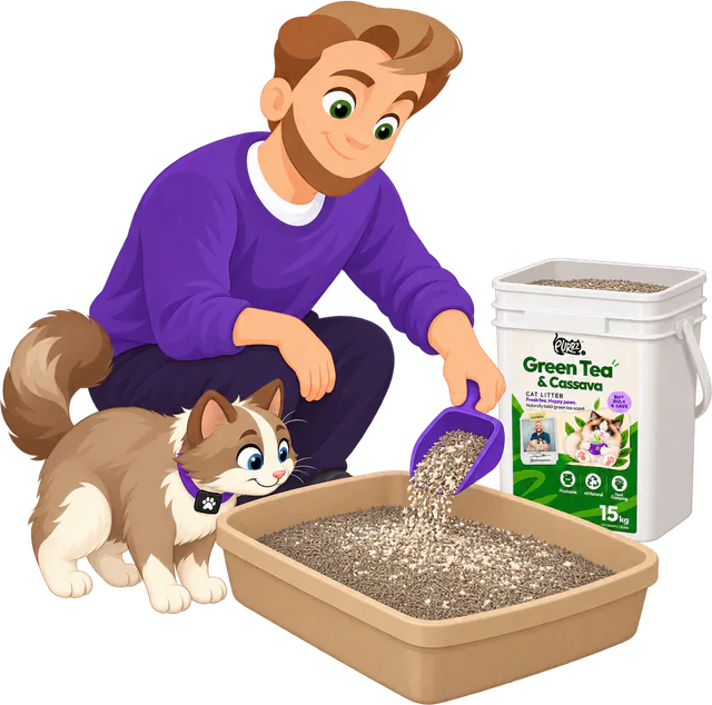 Illustrated man in a purple jumper pouring PURRZ™ Green Tea & Cassava Cat Litter from a scoop into a litter tray, the open 15 kg tub behind and a cat watching