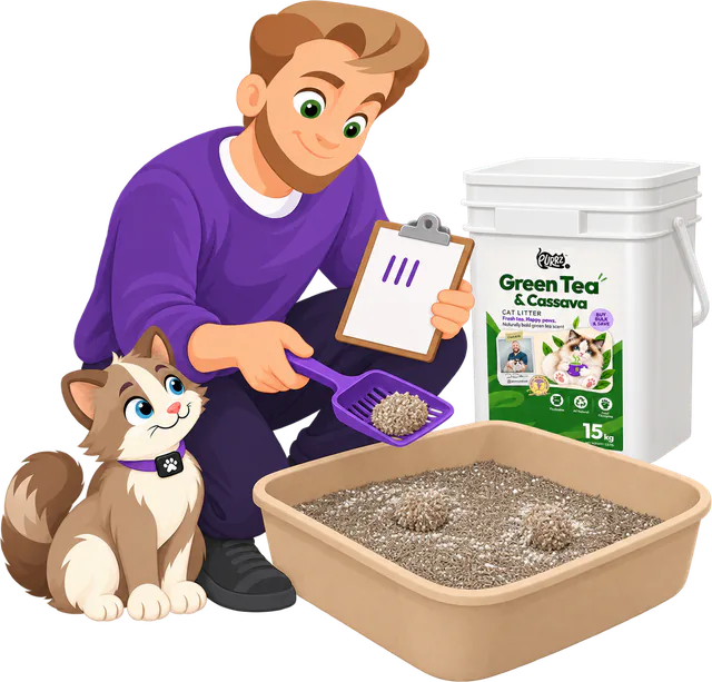 Illustrated man in a purple jumper scooping a clump from a tray of PURRZ™ Green Tea & Cassava Cat Litter and holding a clipboard with three tally marks, a cat looking up