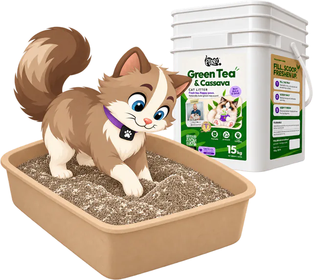 Illustrated cat digging in a tray filled deep with PURRZ™ Green Tea & Cassava Cat Litter, the 15 kg tub behind it