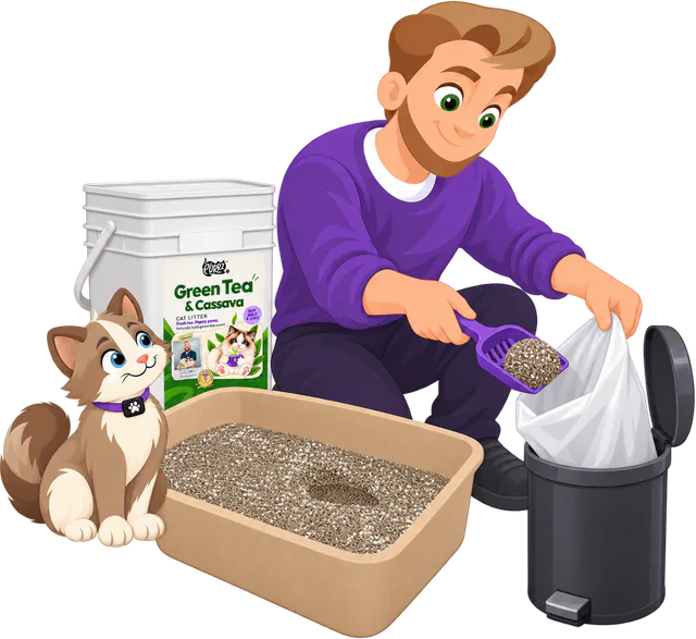 Illustrated man in a purple jumper scooping a clump from a tray of PURRZ™ Green Tea & Cassava Cat Litter into a bag in a pedal bin, a cat sitting and watching