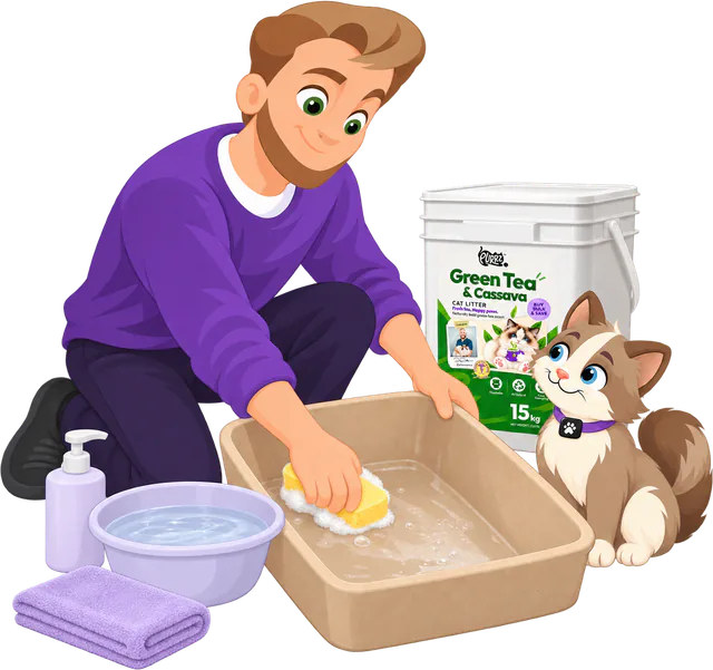 Illustrated man in a purple jumper scrubbing an empty litter tray with a soapy sponge, a soap bottle, a bowl of water and a towel beside him and a cat watching