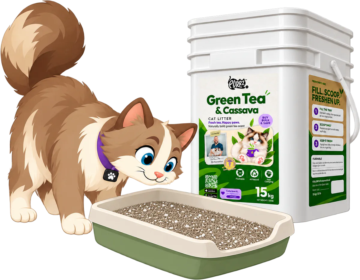 Illustrated cat sniffing PURRZ™ Green Tea & Cassava Cat Litter in a green tray, the 15 kg tub behind it