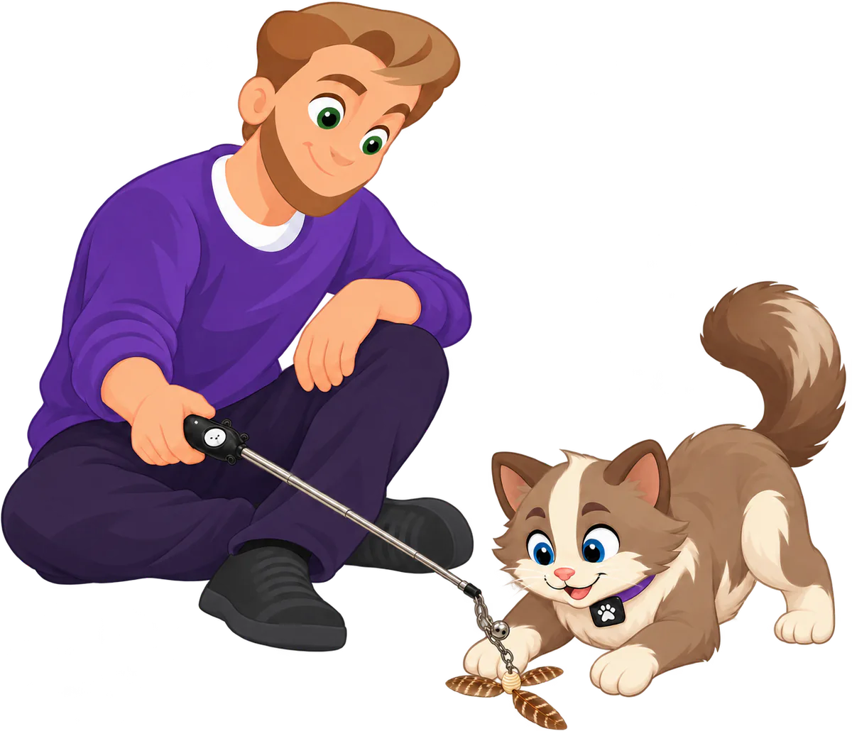 Illustrated man sitting cross-legged on the floor with a cat wand held low, a brown and cream cat crouched to paw a PURRZ™ Kookaburra Helicopter Spinner attachment resting on the floor