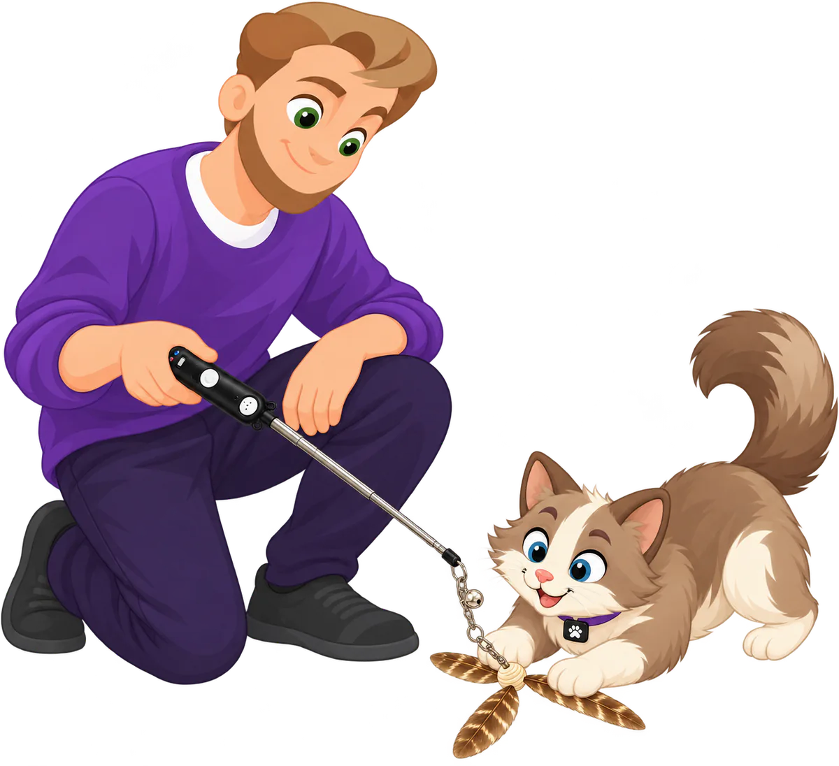 Illustrated man kneeling on one knee with a cat wand held low, a brown and cream cat crouched with both front paws on a PURRZ™ Kookaburra Helicopter Spinner attachment on the floor