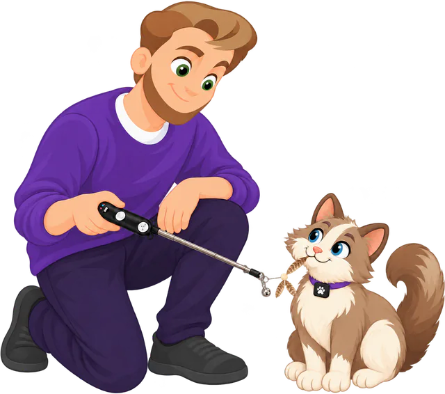 Illustrated man kneeling with a cat wand held low, a smiling brown and cream cat sitting with the feathers of a PURRZ™ Kookaburra Helicopter Spinner attachment in its mouth