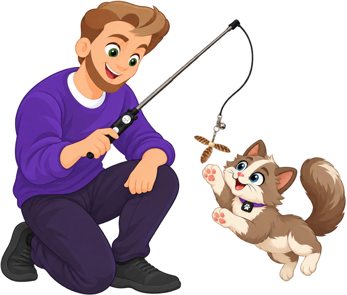 Illustrated man kneeling and holding a cat wand up high, a brown and cream cat jumping with both front paws raised at a PURRZ™ Kookaburra Helicopter Spinner attachment hanging from the string