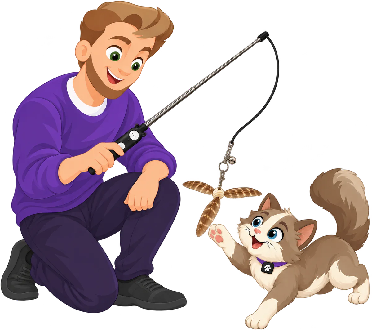 Illustrated man kneeling with a raised cat wand, a PURRZ™ Kookaburra Helicopter Spinner attachment hanging from the string by its clip ring, bell and chain, a brown and cream cat reaching one paw up to it
