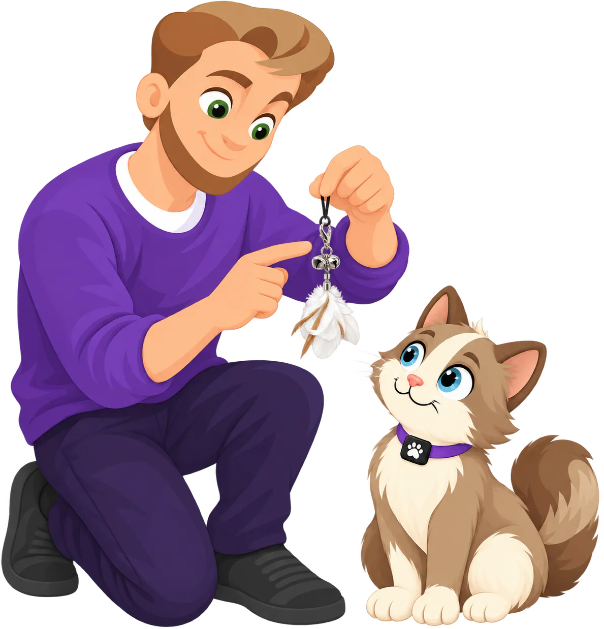 Illustrated kneeling man holding up one PURRZ™ Kookaburra Craze Jingle Jangle attachment by its cord loop and pointing at the clasp, two bells and swivel above the feathers, a brown and cream cat sitting below looking up