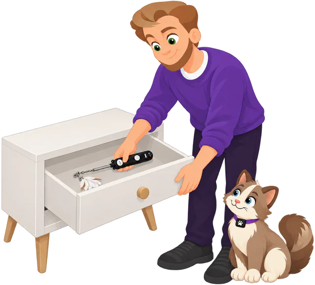 Illustrated man bending to lay a cat wand with a PURRZ™ Kookaburra Craze Jingle Jangle attachment still on it in the open drawer of a small white cabinet, a brown and cream cat sitting at his feet looking up