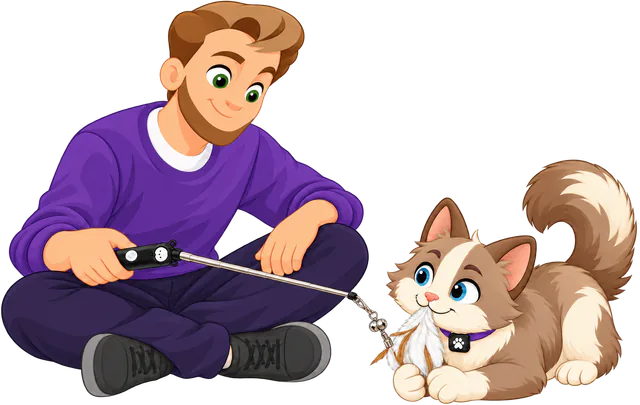 Illustrated brown and cream cat lying down with the feathers of a PURRZ™ Kookaburra Craze Jingle Jangle attachment in her mouth and between her paws, still on the wand held by a man sitting cross-legged