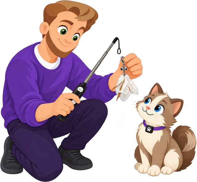 Illustrated kneeling man holding a cat wand in one hand and a PURRZ™ Kookaburra Craze Jingle Jangle attachment by its clasp in the other, next to the empty string loop, a brown and cream cat sitting and watching