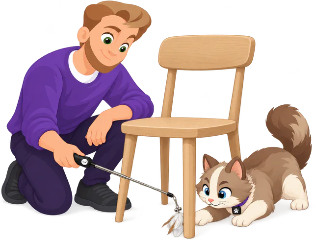 Illustrated man kneeling by a wooden chair, drawing a PURRZ™ Kookaburra Craze Jingle Jangle attachment along the floor past a chair leg with a cat wand, a brown and cream cat crouched low under the chair to stalk it