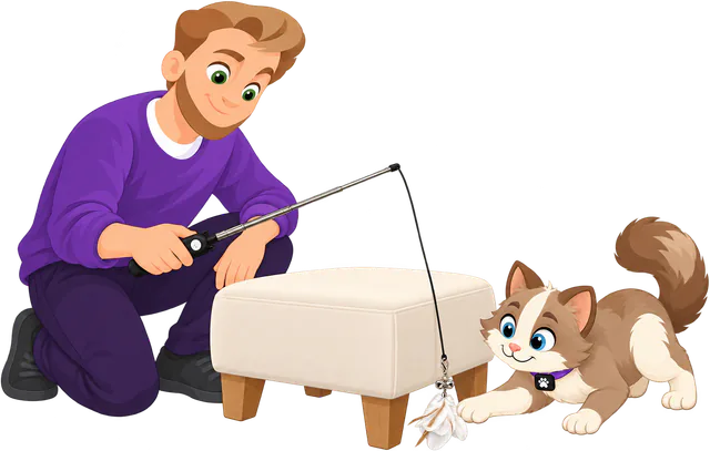 Illustrated kneeling man holding a cat wand still so a PURRZ™ Kookaburra Craze Jingle Jangle attachment hangs beside a cream footstool, a brown and cream cat peeking round the stool with one paw reaching out