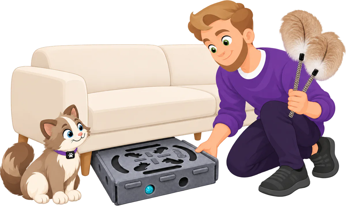 Illustrated man in a purple jumper kneeling to set a grey PURRZ™ Puzzle Pal down by a cream sofa, its two feather springs in his other hand, a brown and cream cat sitting and watching