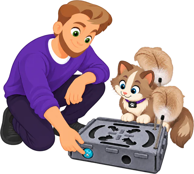 Illustrated man in a purple jumper pointing to the bell ball through a side hole of a grey PURRZ™ Puzzle Pal as a brown and cream cat leans on the lid to look