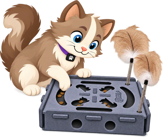 Illustrated brown and cream cat reaching a paw into the lid of a grey PURRZ™ Puzzle Pal, dry biscuits scattered in its slots and cut-outs