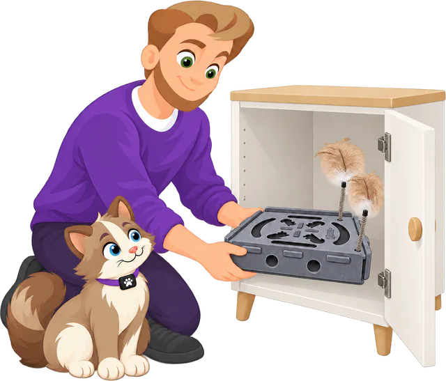 Illustrated man in a purple jumper putting a grey PURRZ™ Puzzle Pal away in a white cupboard as a brown and cream cat sits beside him