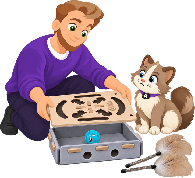 Illustrated man in a purple jumper lowering the cream lid onto the pale walls of a Cream PURRZ™ Puzzle Pal with the bell ball inside, its two feather springs on the floor and a brown and cream cat sitting and watching