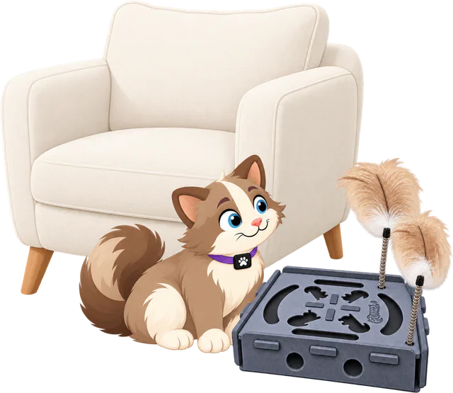 Illustrated brown and cream cat sitting in front of a cream armchair beside a grey PURRZ™ Puzzle Pal with its two feathers on coil springs