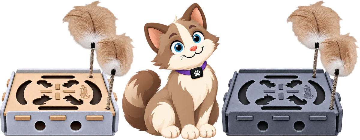 Illustrated brown and cream cat sitting between a Cream and a Grey PURRZ™ Puzzle Pal, each with two feathers on coil springs