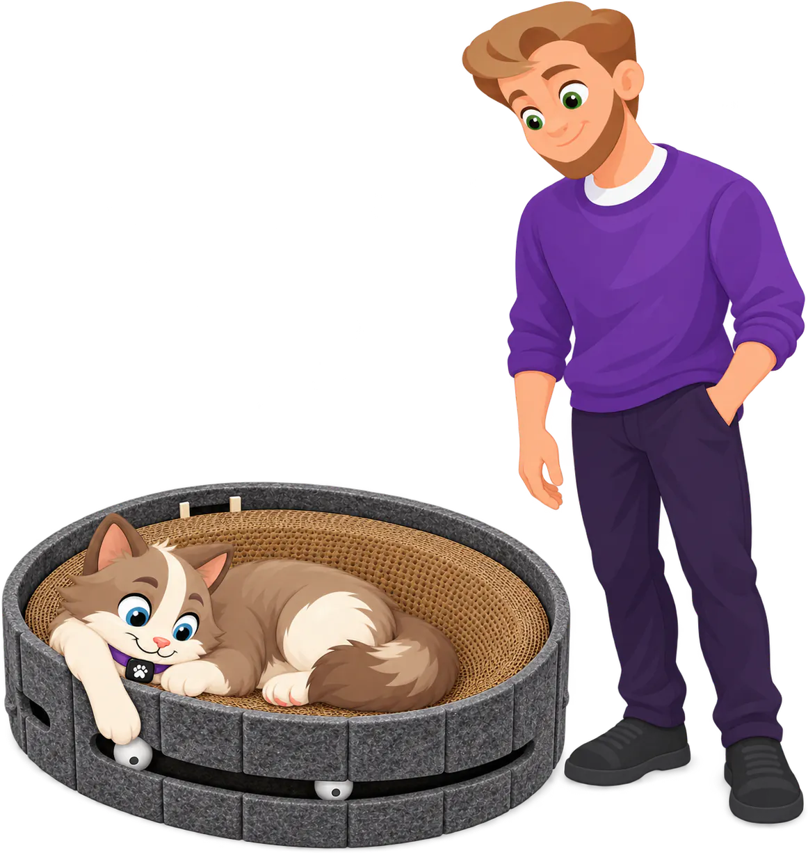 Illustrated brown and cream cat curled asleep inside a dark grey PURRZ™ Scratch & Lounge Scratcher, one paw hanging over the felt wall above a white ball in the slot, a man in a purple jumper standing and watching