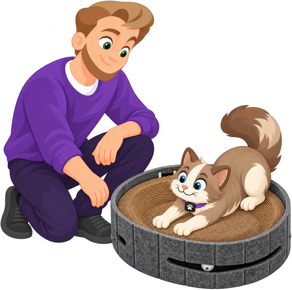 Illustrated brown and cream cat in a purple collar crouched on the cardboard pad of a dark grey PURRZ™ Scratch & Lounge Scratcher, front paws stretched out to scratch, as a man in a purple jumper kneels beside it