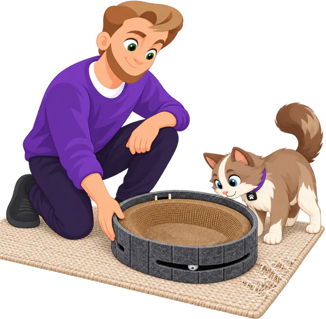 Illustrated man in a purple jumper kneeling to set a dark grey PURRZ™ Scratch & Lounge Scratcher down on a woven rug as a brown and cream cat sniffs it