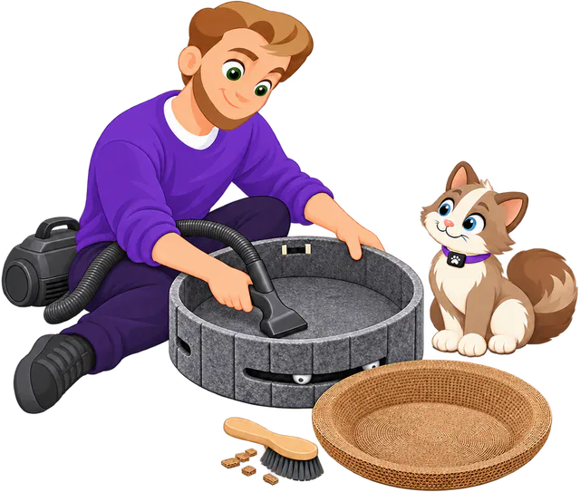 Illustrated man in a purple jumper vacuuming the felt floor of a dark grey PURRZ™ Scratch & Lounge Scratcher, the cardboard pad lifted out beside him, a brush on the floor and a brown and cream cat watching
