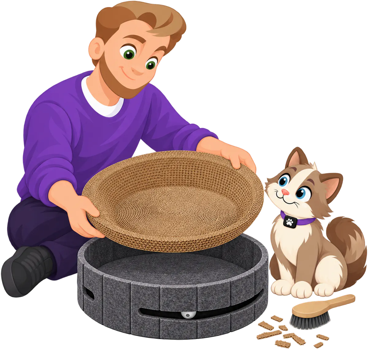Illustrated man in a purple jumper lifting the cardboard pad out of the dark grey felt wall of a PURRZ™ Scratch & Lounge Scratcher, a brown and cream cat sitting beside a brush and cardboard shreds