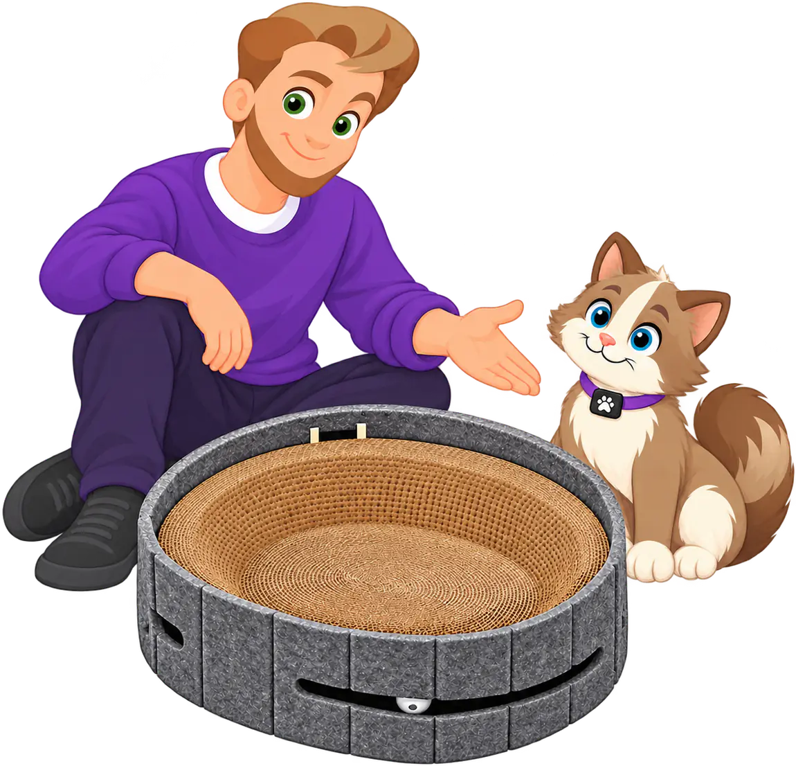 Illustrated man in a purple jumper sitting beside a dark grey PURRZ™ Scratch & Lounge Scratcher and holding a hand out to a brown and cream cat sitting next to it