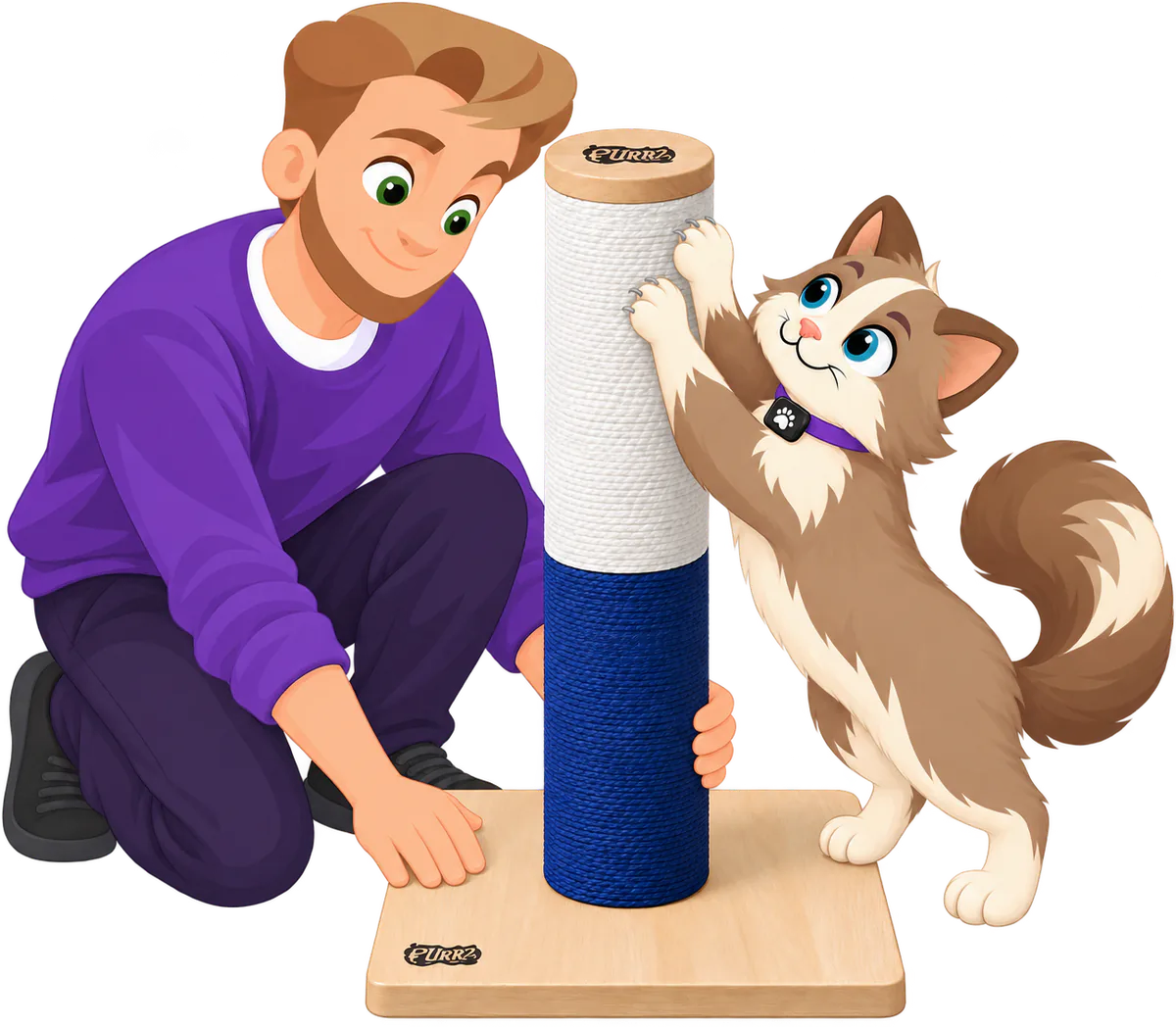 Illustrated man in a purple jumper kneeling to hold the wooden base and the navy rope of a PURRZ™ Scratch Me Happy Scratching Post steady as a brown and cream cat scratches high on the cream rope