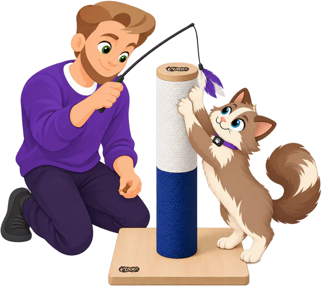 Illustrated man in a purple jumper dragging a feather wand toy up a PURRZ™ Scratch Me Happy Scratching Post with a treat in his other hand, a brown and cream cat reaching up the rope to catch it