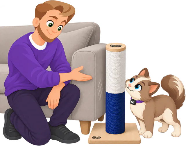 Illustrated man in a purple jumper kneeling by a grey sofa and pointing to claw marks on its arm, a PURRZ™ Scratch Me Happy Scratching Post standing beside it and a brown and cream cat looking up at the post