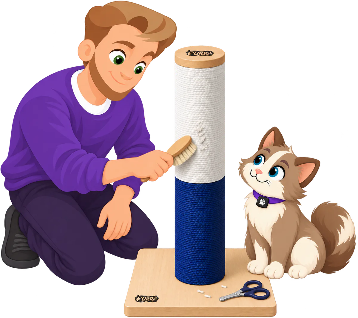 Illustrated man in a purple jumper brushing loose fibres off the white paper rope of a PURRZ™ Scratch Me Happy Scratching Post, a pair of scissors on the wooden base and a brown and cream cat watching