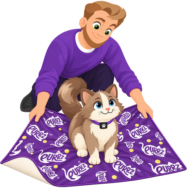 Illustrated man in a purple jumper kneeling behind a brown and cream cat to fold a purple PURRZ™ Sticky Wrap around its body, the cat's head out at the top
