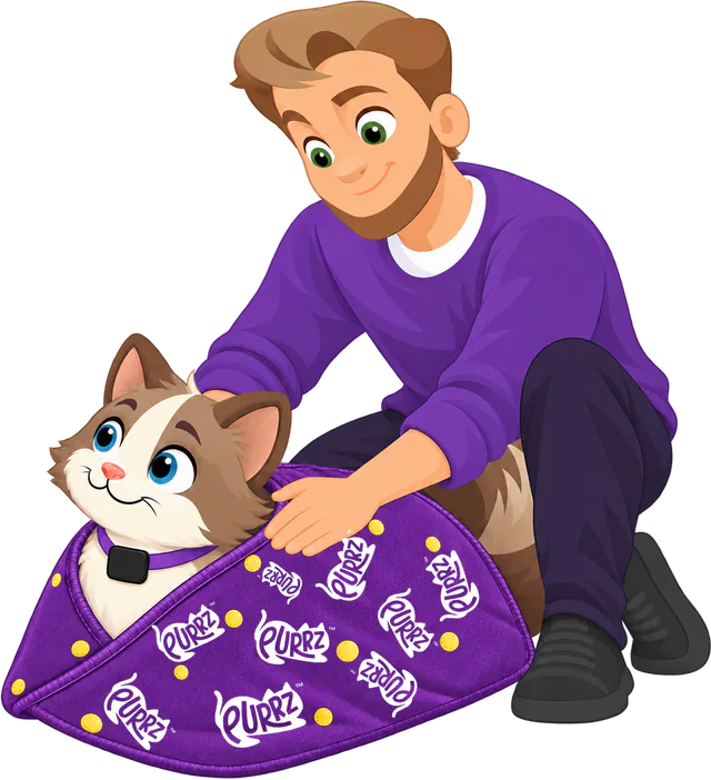 Illustrated man in a purple jumper lifting the two sides of a purple PURRZ™ Sticky Wrap around a brown and cream cat sitting on it
