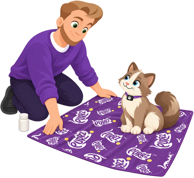 Illustrated man in a purple jumper kneeling to smooth a purple PURRZ™ Sticky Wrap flat on the floor, a brown and cream cat sitting on it and a pill bottle beside it