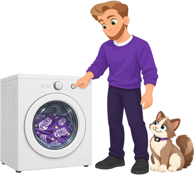Illustrated man in a purple jumper pressing the button on a front-loading washing machine with a purple PURRZ™ Sticky Wrap inside, a brown and cream cat sitting beside him