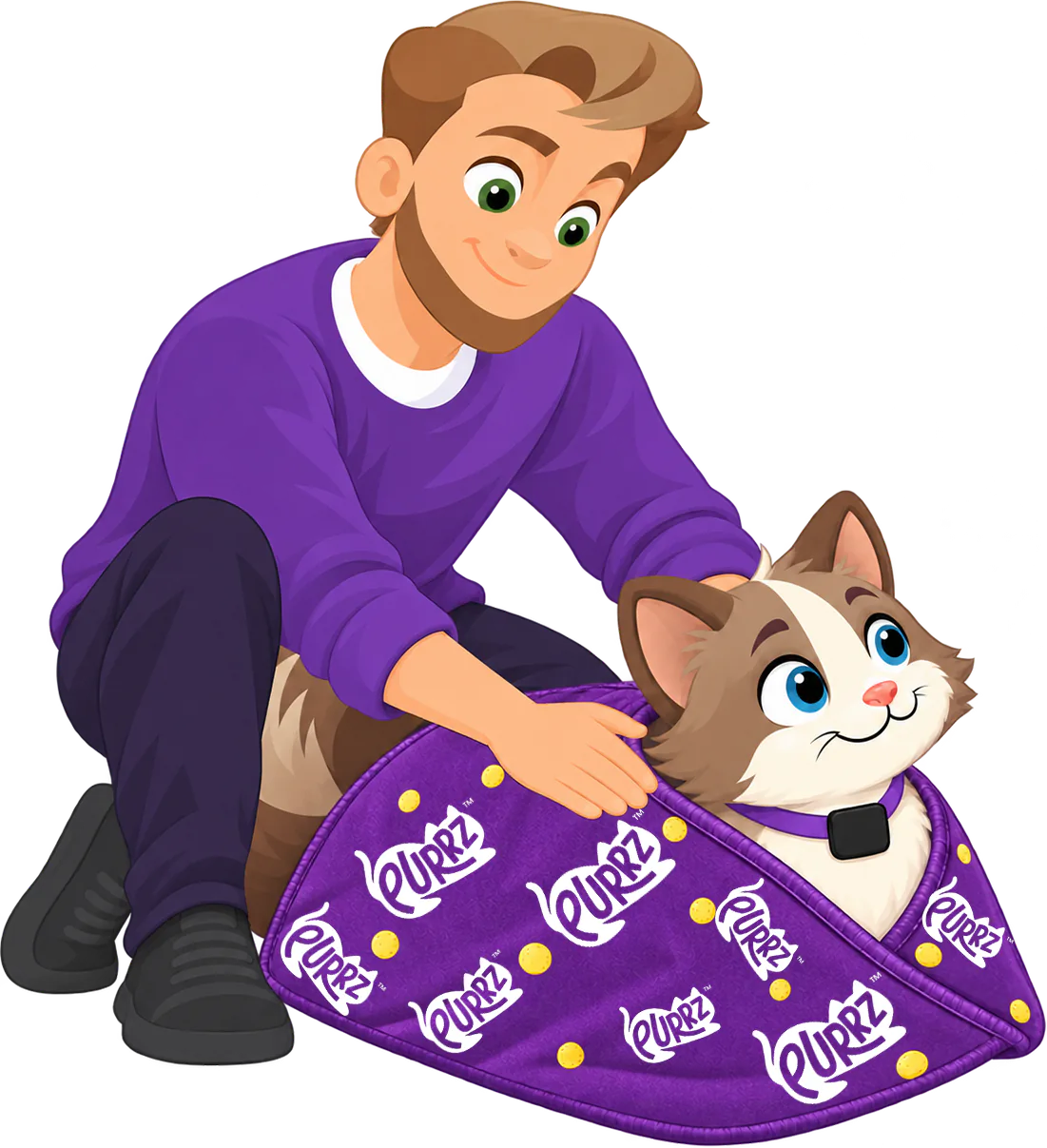 Illustrated man in a purple jumper kneeling to press a purple PURRZ™ Sticky Wrap closed around a brown and cream cat, its head out at the top and a hand on its back